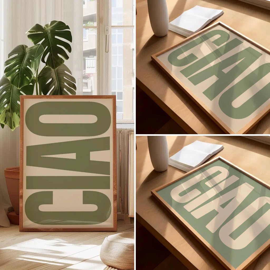 CIAO Retro Typography Framed Poster - Sage Green & Beige Wall Art
