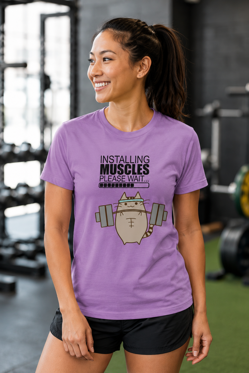Funny Cat Gym Shirt - Installing Muscles Please Wait T-Shirt
