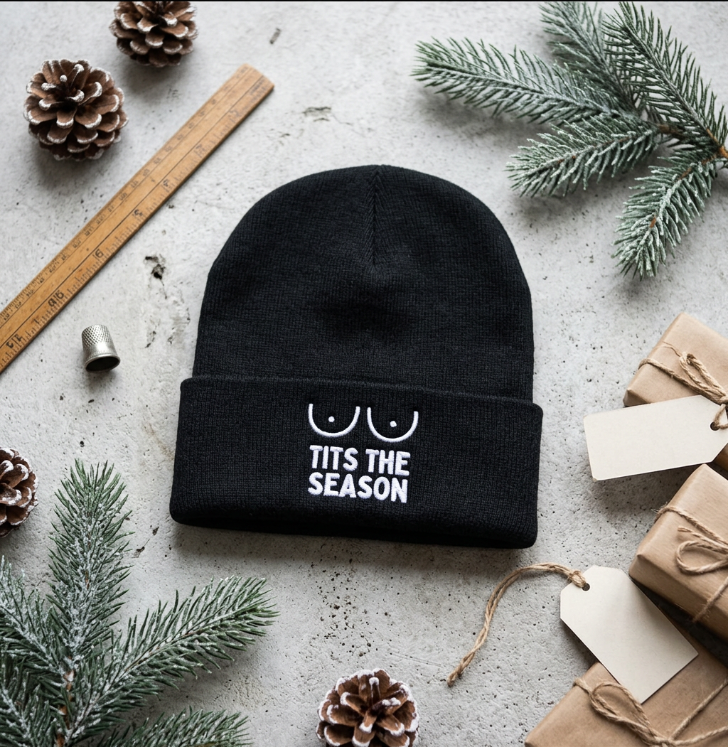 Funny Christmas Beanie Hat Tits The Season Naughty Gag Gift 3D Puff Knit Cap