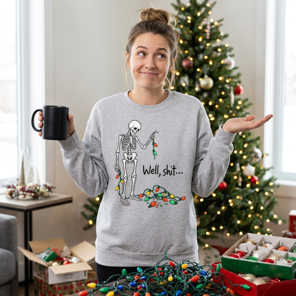 Funny Skeleton Christmas Lights Sweatshirt Ugly Holiday Sweater Well Sh#t S-XL