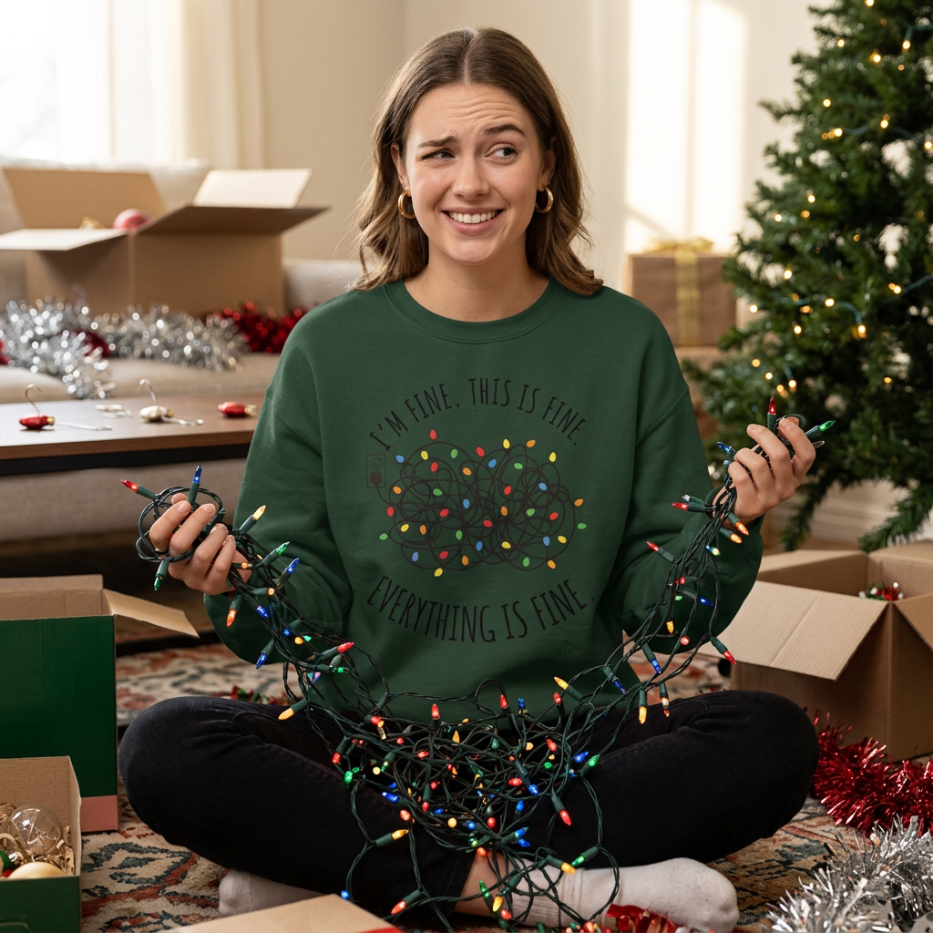 Funny Tangled Christmas Lights Sweatshirt - "I'm Fine, Everything Is Fine" Crewneck
