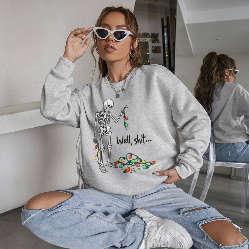Funny Skeleton Christmas Lights Sweatshirt Ugly Holiday Sweater Well Sh#t S-XL