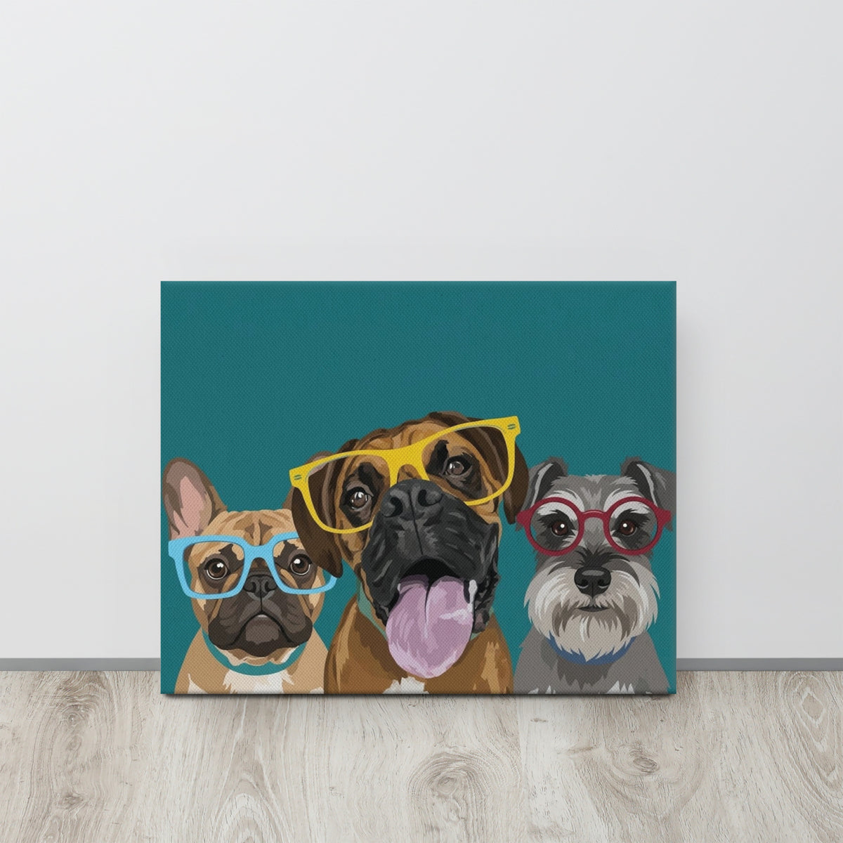 Three Wise Pups Whimsical Dog Canvas Print – French Bulldog Boxer and Schnauzer Art