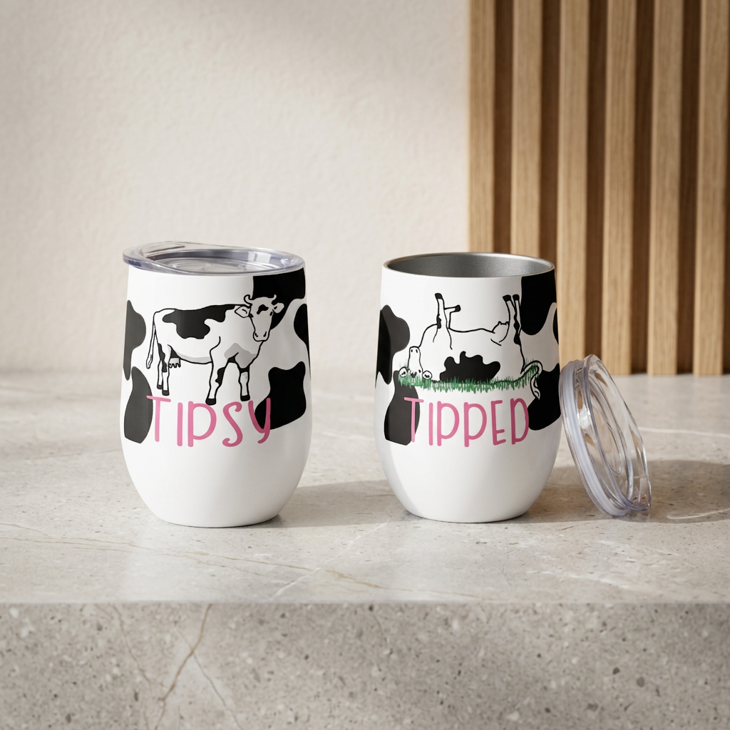 Tipsy Tipped Cow Wine Tumbler with Lid - Funny Cow Print Vacuum Insulated Cup