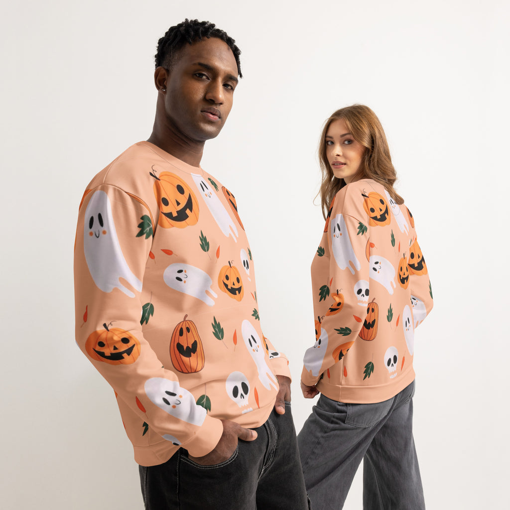 Cute Halloween Pattern Unisex Cotton Sweatshirt - Pumpkin, Ghost & Skull Fall Pullover (Sizes 2XS-3XL, Peach/Orange)