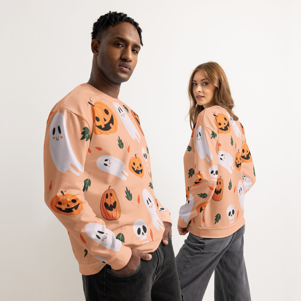 Cute Halloween Pattern Unisex Cotton Sweatshirt - Pumpkin, Ghost & Skull Fall Pullover (Sizes 2XS-3XL, Peach/Orange)