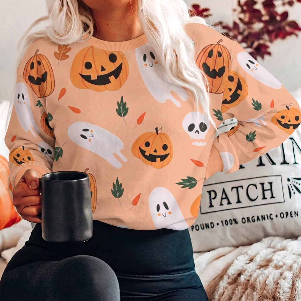 Cute Halloween Pattern Unisex Cotton Sweatshirt - Pumpkin, Ghost & Skull Fall Pullover (Sizes 2XS-3XL, Peach/Orange)