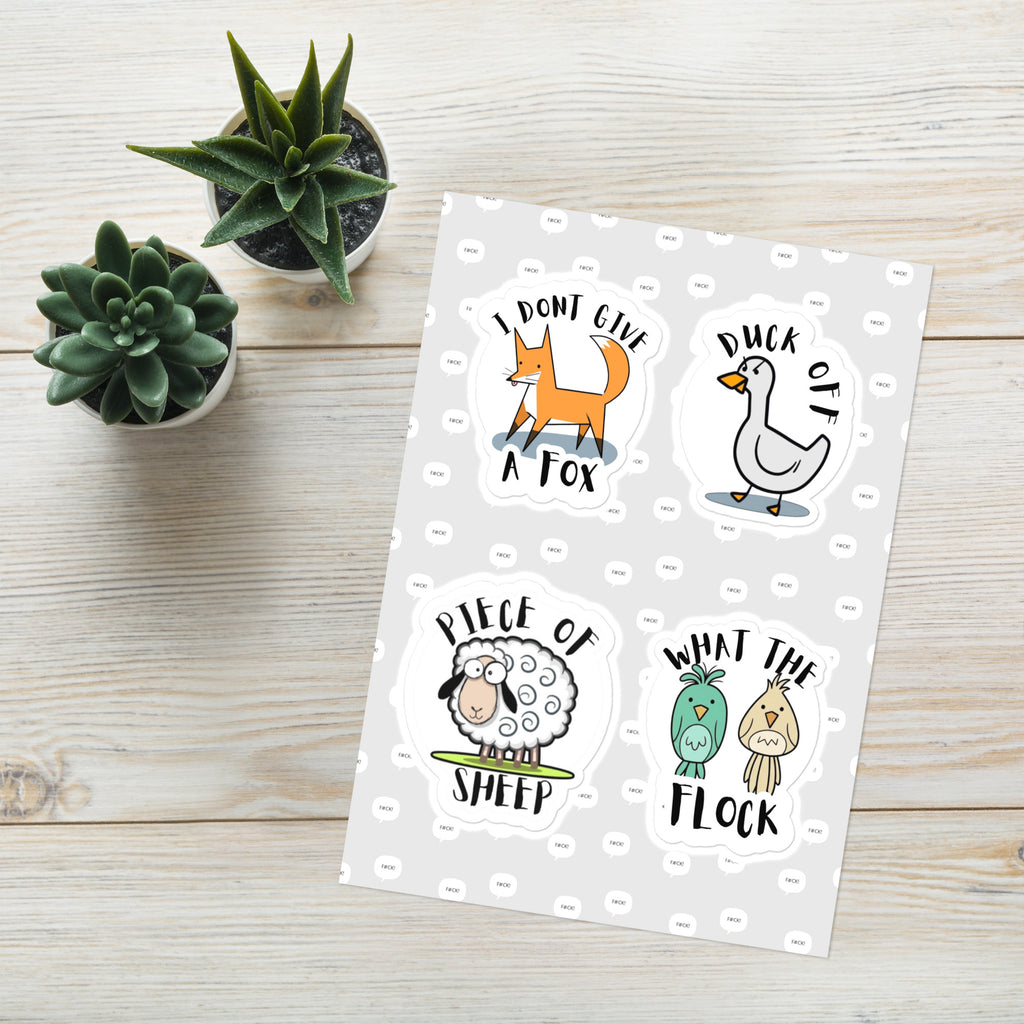 Funny Animal Puns Sticker Sheet - Sarcastic Aesthetic Decals 5.8" x 8.3" | Don’t Give A Fox | Duck Off