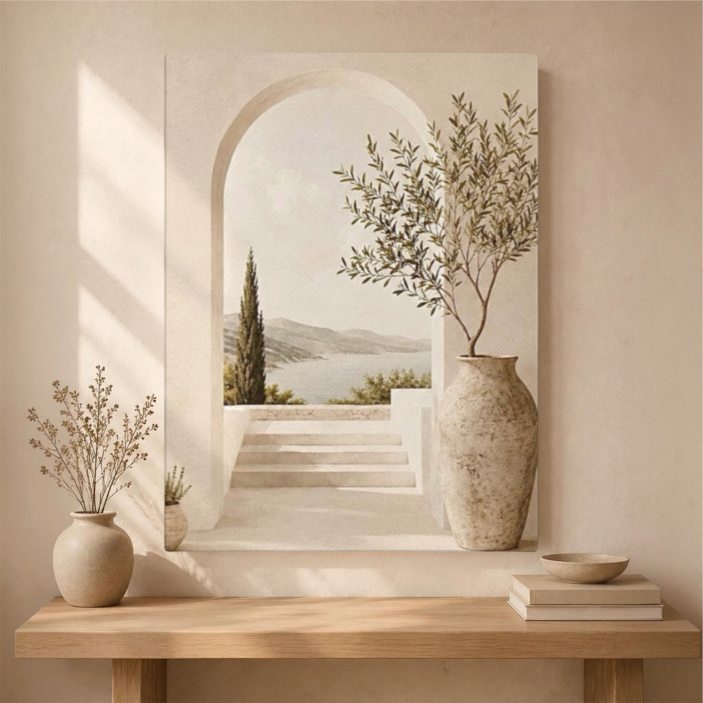 Mediterranean Archway Canvas Wall Art | Coastal Olive Tree & Sea Landscape Print