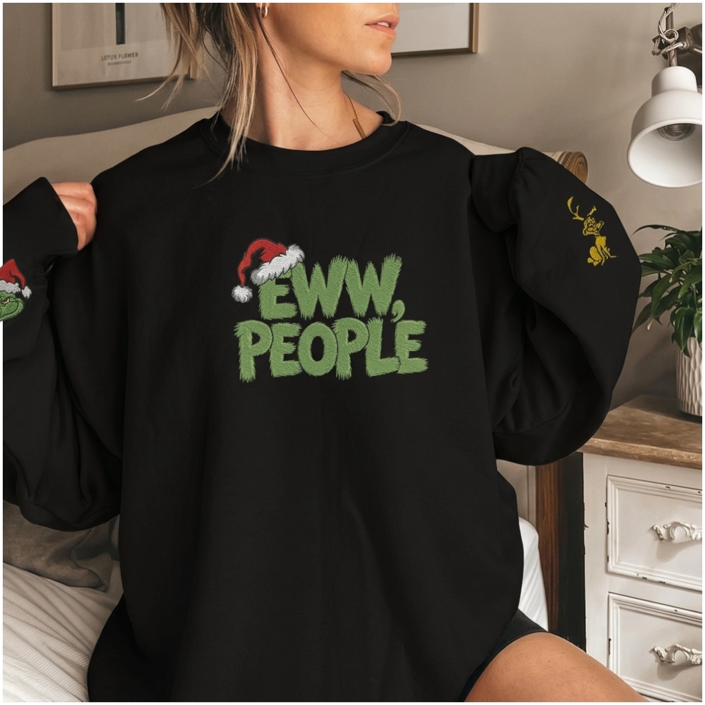 Holiday Grinchy Embroidered Crewneck Sweatshirt - Christmas Antisocial Graphic Pullover with Sleeve Detail